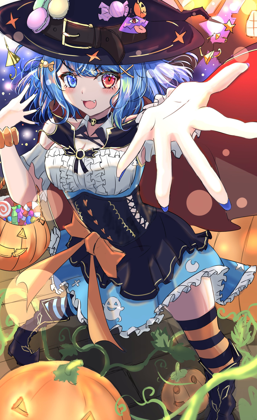 1girl :3 :d absurdres black_headwear black_thighhighs blue_eyes blue_hair blue_skirt breasts candy commentary_request fang food frilled_skirt frills halloween_bucket halloween_costume heterochromia highres jack-o'-lantern lobstrater64 looking_at_viewer open_mouth orange_thighhighs red_eyes short_hair skirt smile solo striped striped_thighhighs tatara_kogasa thigh-highs touhou