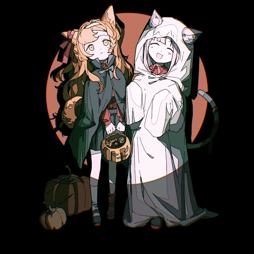 2girls aged_down animal_ears black_cape blush braid cape cat_ears cat_tail closed_eyes closed_mouth collared_shirt full_body ghost_costume highres jack-o'-lantern long_hair looking_at_viewer multiple_girls open_mouth orange_hair pumpkin red_shirt reverse:1999 shirt sidelocks smile sonetto_(reverse:1999) standing tail vertin_(reverse:1999) very_long_hair wolf_ears zhizhizi0101