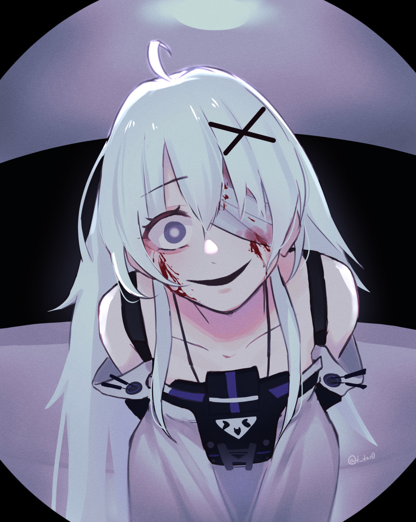 1girl absurdres ahoge bandage_over_one_eye bandages blood blood_on_bandages blood_on_face detached_sleeves dress english_commentary evil_smile grey_dress grey_hair grey_sleeves hair_between_eyes hair_ornament highres long_hair no.21:_xxi_(punishing:_gray_raven) no.21_(punishing:_gray_raven) punishing:_gray_raven sidelocks sleeves_past_fingers sleeves_past_wrists smile solo suspenders tacowo very_long_hair violet_eyes x_hair_ornament yandere
