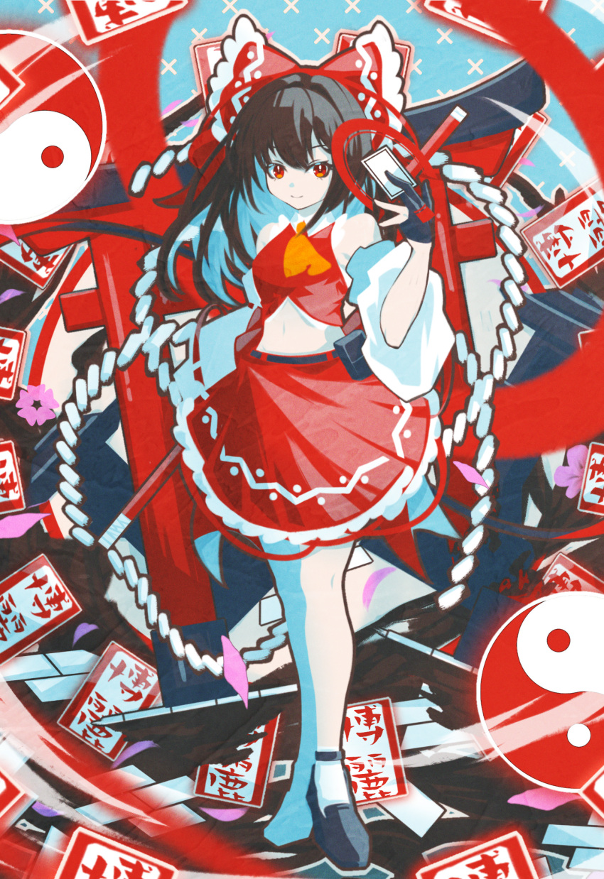 1girl ascot bare_shoulders black_gloves black_hair black_shoes bow closed_mouth commentary_request detached_sleeves fingerless_gloves frilled_bow frilled_skirt frills full_body fylinchi5945 gloves gohei hair_bow hair_tubes hakurei_reimu highres holding holding_gohei long_hair looking_at_viewer midriff navel nontraditional_miko ofuda orb red_bow red_eyes red_skirt ribbon-trimmed_sleeves ribbon_trim shirt shoes skirt sleeveless sleeveless_shirt smile solo standing torii touhou wide_sleeves yellow_ascot yin_yang