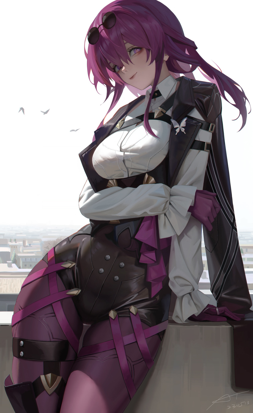 1girl bird black_jacket black_shorts butterfly_ornament chest_harness cityscape closed_mouth collared_shirt commentary cowboy_shot dated eyewear_on_head frilled_sleeves frills gloves harness high-waist_shorts highres honkai:_star_rail honkai_(series) jacket jewelry kafka_(honkai:_star_rail) long_hair long_sleeves looking_at_viewer outdoors pantyhose pantyhose_under_shorts purple_gloves purple_hair purple_pantyhose ring round_eyewear shirt shorts signature sky solo sunglasses ttt_(5274293) violet_eyes white_shirt white_sky