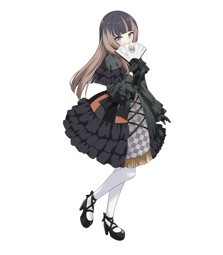 1girl absurdres black_dress black_footwear black_gloves black_hair blue_eyes blunt_bangs brown_hair checkered_clothes checkered_dress covering_mouth cross-laced_clothes cross-laced_dress dress english_commentary fan_to_mouth felutiahime frilled_dress frills full_body gloves hand_fan highres hime_cut holding holding_fan hololive hololive_dev_is juufuutei_raden lolita_fashion long_hair long_sleeves looking_at_viewer multicolored_clothes multicolored_dress multicolored_hair pantyhose simple_background solo standing streaked_hair two-tone_hair virtual_youtuber white_background white_pantyhose