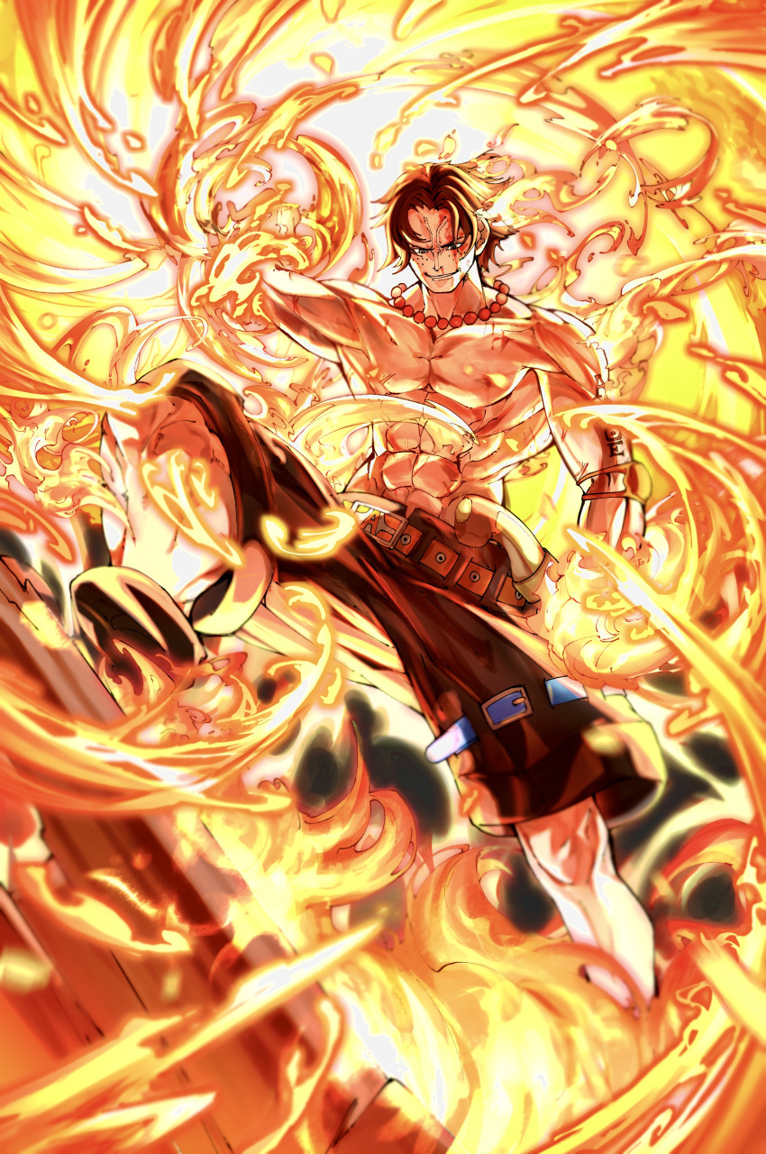 1boy abs absurdres arm_tattoo armband bead_necklace beads black_hair blood blood_on_face commentary_request fire freckles highres jewelry male_focus necklace one_piece portgas_d._ace satomaru31000 short_hair smile solo tattoo topless_male