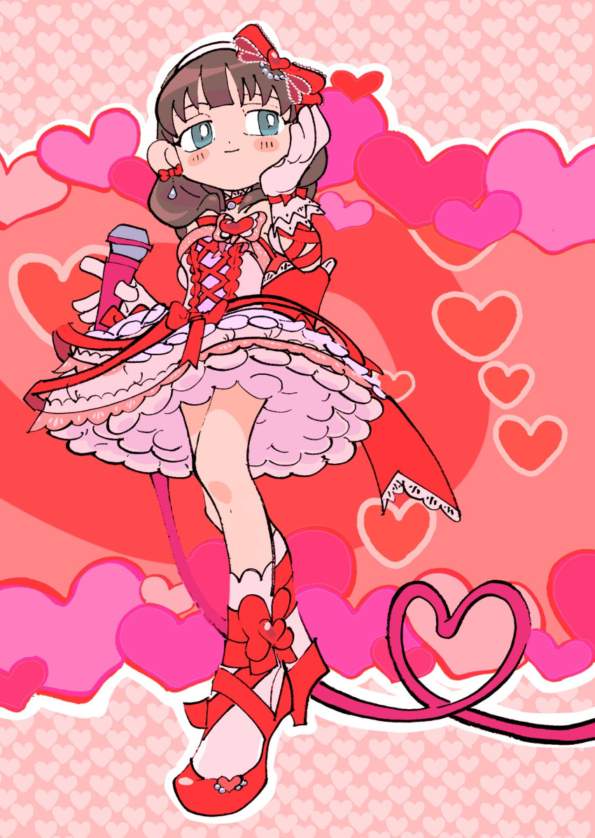 1girl blue_eyes blunt_bangs blush brown_hair bubble_skirt closed_mouth commentary_request dress frilled_dress frills full_body gloves hair_ribbon hand_up heart high_heels highres idolmaster idolmaster_cinderella_girls looking_to_the_side microphone petticoat pink_background red_dress red_footwear red_ribbon ribbon sakuma_mayu samusu_gi short_hair skirt smile socks solo standing white_gloves white_socks
