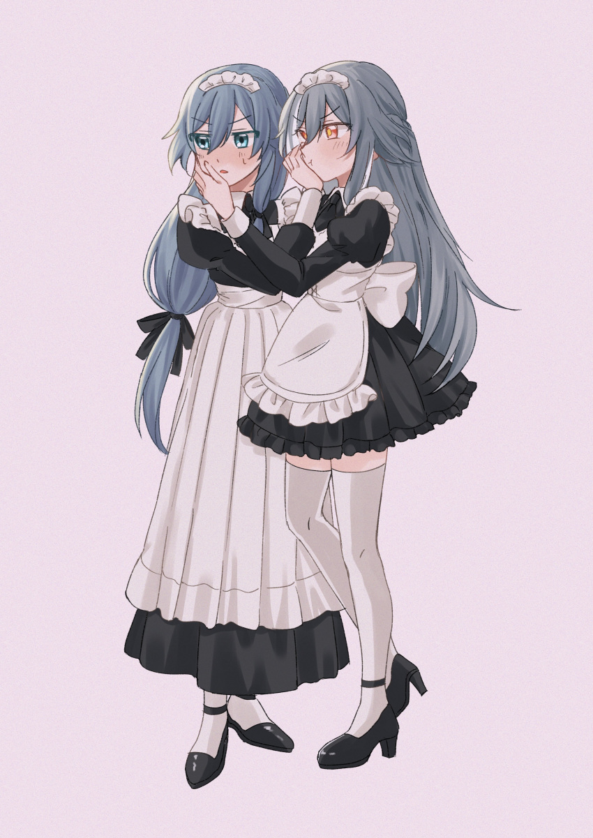 2girls :t absurdres alternate_costume apron black_dress black_footwear blue_eyes blush closed_mouth commentary_request dress enmaided frilled_apron frilled_dress frills fu_hua fu_hua_(herrscher_of_sentience) grey_hair hair_between_eyes high_heels highres hkhkfff0 honkai_(series) honkai_impact_3rd juliet_sleeves long_hair long_sleeves maid maid_apron maid_headdress multiple_girls pantyhose parted_lips pink_background pleated_dress puffy_sleeves red_eyes shoes simple_background sweat thigh-highs v-shaped_eyebrows very_long_hair white_apron white_pantyhose white_thighhighs