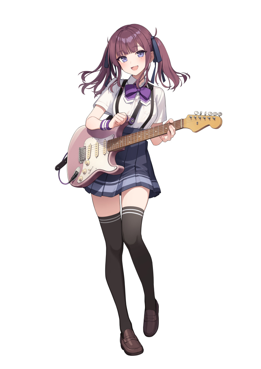 1girl absurdres black_thighhighs blue_skirt blush bow bowtie breast_pocket breasts brown_footwear brown_hair cevio collared_shirt electric_guitar full_body guitar hair_bow highres holding holding_instrument holding_plectrum instrument kaito_(k4itoh) light_blush loafers looking_at_viewer medium_hair mole mole_under_eye natsuki_karin open_mouth plectrum pocket purple_bow purple_bowtie second-party_source shirt shirt_tucked_in shoes short_sleeves sidelocks skirt small_breasts smile solo standing suspender_skirt suspenders sweatband synthesizer_v thigh-highs transparent_background twintails violet_eyes white_shirt zettai_ryouiki