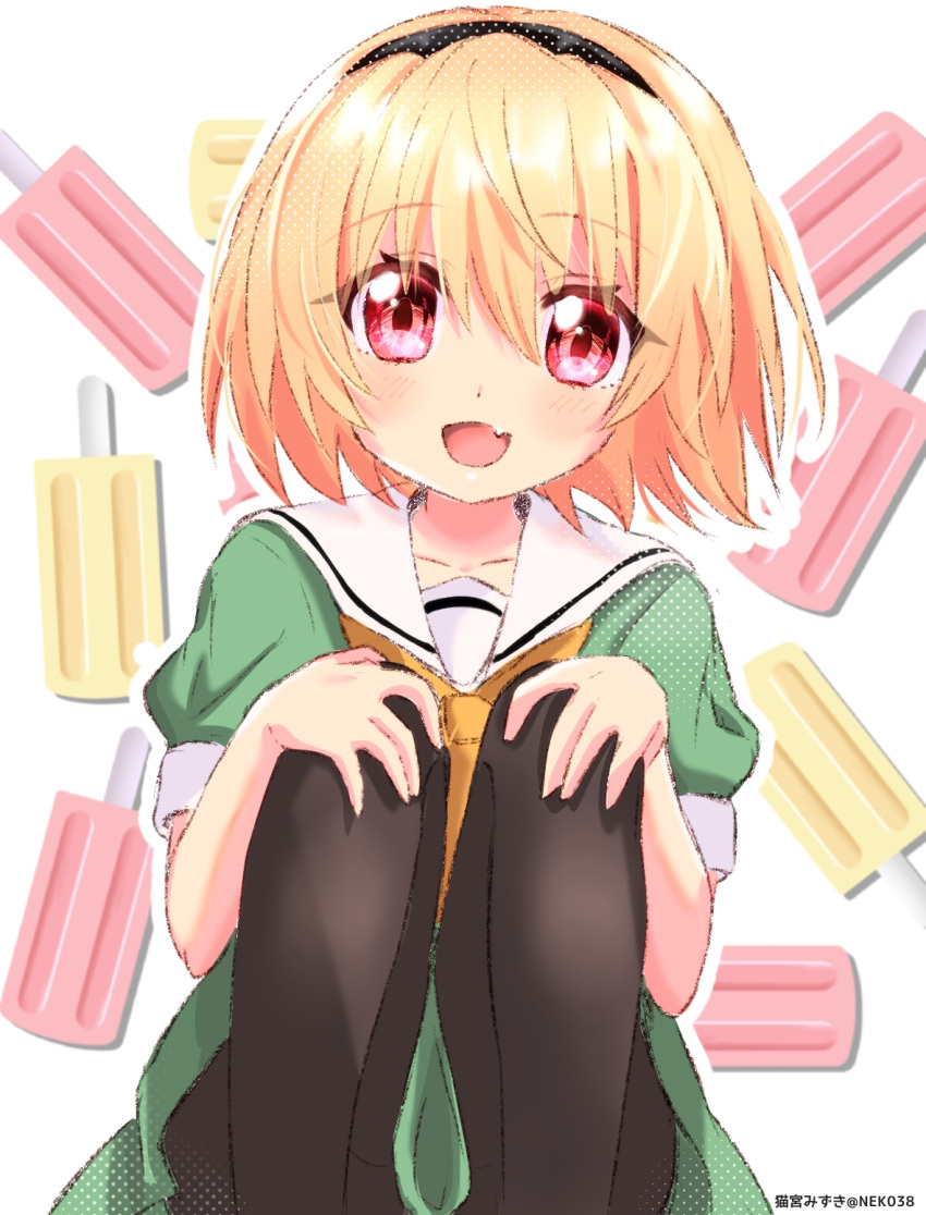 1girl :d artist_name black_hairband black_pantyhose blonde_hair blush commentary_request dress eyelashes eyes_visible_through_hair fang feet_out_of_frame food green_dress hair_between_eyes hairband hands_on_own_knees highres higurashi_no_naku_koro_ni houjou_satoko knee_up looking_at_viewer mizuno374 neckerchief open_mouth pantyhose popsicle puffy_short_sleeves puffy_sleeves red_eyes sailor_collar short_dress short_hair short_sleeves simple_background smile solo squatting straight-on tareme white_background white_sailor_collar yellow_neckerchief