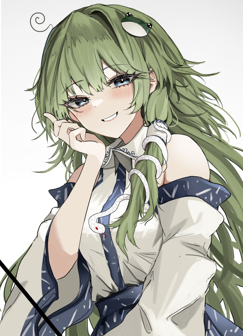 1girl absurdres bare_shoulders blue_eyes blush breasts detached_sleeves eyelashes frog_hair_ornament gohei green_hair grin hair_ornament half-closed_eyes hand_on_own_cheek hand_on_own_face hand_up highres holding holding_stick kochiya_sanae long_hair long_sleeves looking_at_viewer medium_breasts messy_hair ougiikun simple_background smile solo stick touhou upper_body vest white_background white_vest wing_collar