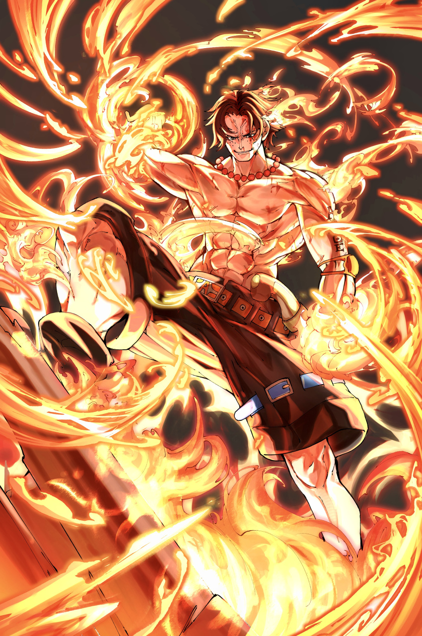 1boy abs absurdres arm_tattoo armband bead_necklace beads black_hair blood blood_on_face commentary_request fire freckles highres jewelry male_focus necklace one_piece portgas_d._ace satomaru31000 short_hair smile solo tattoo topless_male