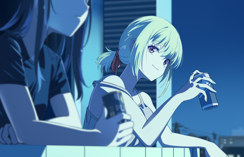 2girls arm_support balcony bare_shoulders black_hair black_shirt blonde_hair blue_hair camisole can closed_mouth evening from_side grey_tank_top hair_ribbon head_out_of_frame holding holding_can inoue_takina light_smile long_hair looking_ahead looking_at_another low_ponytail lycoris_recoil medium_hair multiple_girls neko_(yanshoujie) night nishikigi_chisato outdoors red_ribbon ribbon shirt sidelocks sleeveless strap_slip t-shirt tank_top upper_body violet_eyes