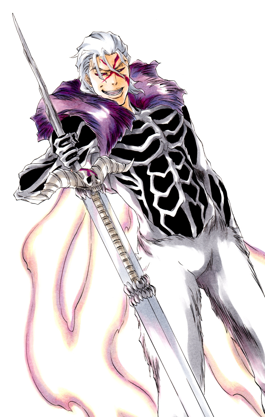 absurdres arm_at_side armor bleach colored_sclera energy_wings evil_smile facial_mark fur_collar ginjou_kuugo hair_between_eyes highres holding holding_sword holding_weapon ken'ichi_(ken1ro_u) looking_at_viewer open_mouth pink_sclera purple_fur skull smile sword teeth weapon white_background white_eyes white_fur white_hair zweihander