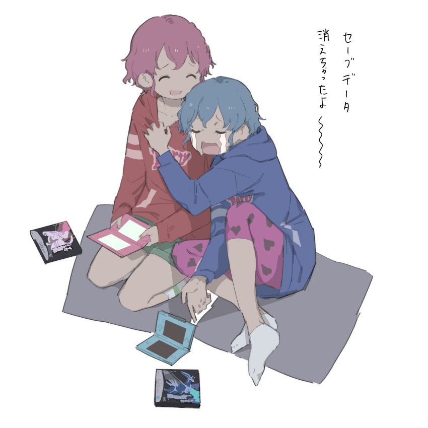 1boy 1girl blue_hair blue_hoodie brother_and_sister cameo closed_eyes crying dialga dorothy_west facing_another frown full_body green_pants handheld_game_console highres holding holding_handheld_game_console hood hood_down hoodie kemura_(puripurinea) leona_west long_sleeves nintendo_ds open_mouth otoko_no_ko palkia pants pink_hair pink_pants pokemon pokemon_(game) pokemon_dppt pretty_(series) pripara red_hoodie seiza shirt_tug short_hair siblings sitting smile socks streaming_tears tears translated twins video_game white_background white_socks