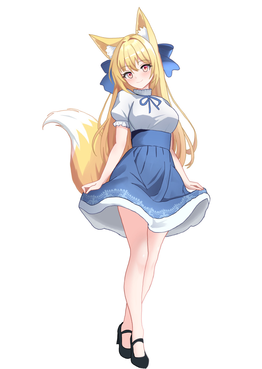 1girl absurdres animal_ear_fluff animal_ears black_footwear blonde_hair blue_bow blue_dress blush bow curtsey dress fox_ears fox_girl fox_tail full_body hair_bow high_heels highres looking_at_viewer original puffy_short_sleeves puffy_sleeves red_eyes ribbon shirt short_hair short_sleeves simple_background smile solo standing tachi-e tail uma_(uma_mohumohu) white_background white_shirt