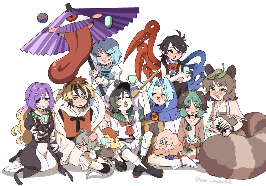 6+girls :3 animal_ears arm_support asymmetrical_wings bead_necklace beads black_dress black_hair black_shoes black_thighhighs blonde_hair blue_hair blue_hood blue_vest blush blush_stickers bow bowtie brown_dress capelet closed_eyes commentary_request cross-laced_clothes cross-laced_dress crossed_ankles crossed_arms cup dog_ears dog_girl dress drunk fang futatsuiwa_mamizou gradient_hair green_eyes grey_hair hagoromo hair_ornament half-closed_eyes highres hijiri_byakuren hishaku holding holding_cup holding_umbrella jewelry jitome juliet_sleeves karakasa_obake kasodani_kyouko kepona kumoi_ichirin leaf_hair_ornament long_hair long_sleeves looking_at_viewer lotus_hair_ornament mouse_ears mouse_girl mouse_tail multicolored_hair multiple_girls murasa_minamitsu nazrin neckerchief necklace nue one_eye_closed open_mouth orange_vest pants parted_bangs pince-nez pink_capelet pointy_ears puffy_sleeves purple_hair raccoon_ears raccoon_girl raccoon_tail red_bow red_bowtie red_eyes red_neckerchief red_pendant round_eyewear sailor_collar sailor_shirt seiza shawl shirt shoes short_hair shorts simple_background sitting sleeping sleeping_on_person sleeveless sleeveless_dress smile snake socks straight-on sweatdrop tail tareme tatara_kogasa thigh-highs toramaru_shou touhou two-tone_dress two-tone_hair umbrella undefined_fantastic_object unzan vest white_background white_dress white_pants white_shirt white_shoes white_shorts white_socks wings