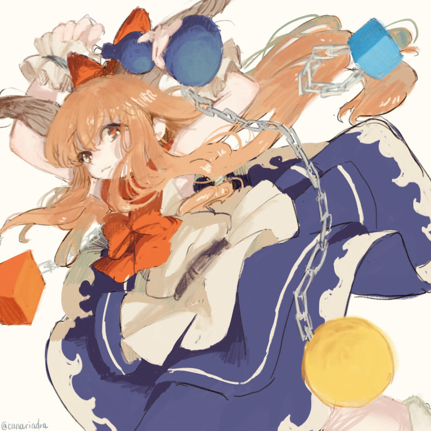 1girl arms_up blue_skirt bow bowtie canariadraw chain closed_mouth commentary_request cuffs feet_out_of_frame floating_hair frills hair_between_eyes hair_bow highres holding_gourd horns ibuki_suika light_smile long_hair oni_horns orange_eyes orange_hair red_bow red_bowtie shackles shirt simple_background skirt solo touhou very_long_hair white_background white_shirt