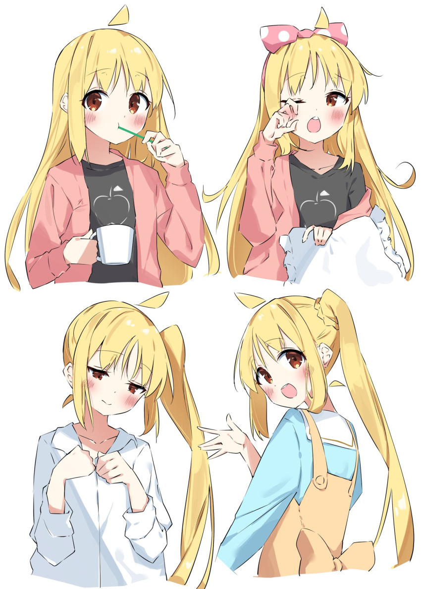 1girl :d ahoge black_shirt blonde_hair blue_shirt blush bocchi_the_rock! bow brown_dress brown_eyes brushing_teeth collarbone collared_shirt commentary_request cropped_torso cup dress dress_shirt frilled_pillow frills hair_bow hair_down hand_up highres holding holding_cup holding_toothbrush ijichi_nijika jacket long_hair multiple_views one_eye_closed open_clothes open_jacket open_mouth pillow pink_bow pink_jacket polka_dot polka_dot_bow rubbing_eyes sailor_collar shirt side_ponytail simple_background sleeveless sleeveless_dress smile suta0822 toothbrush upper_body very_long_hair white_background white_sailor_collar white_shirt yawning