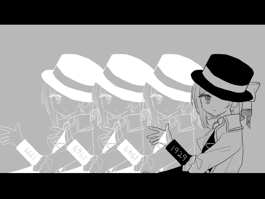 1girl afterimage boater_hat bow closed_mouth greyscale hat hat_bow highres jacket lag_train_(vocaloid) letterboxed long_sleeves looking_at_viewer monochrome necktie reverse:1999 sidelocks simple_background solo upper_body vertin_(reverse:1999) wah9urid