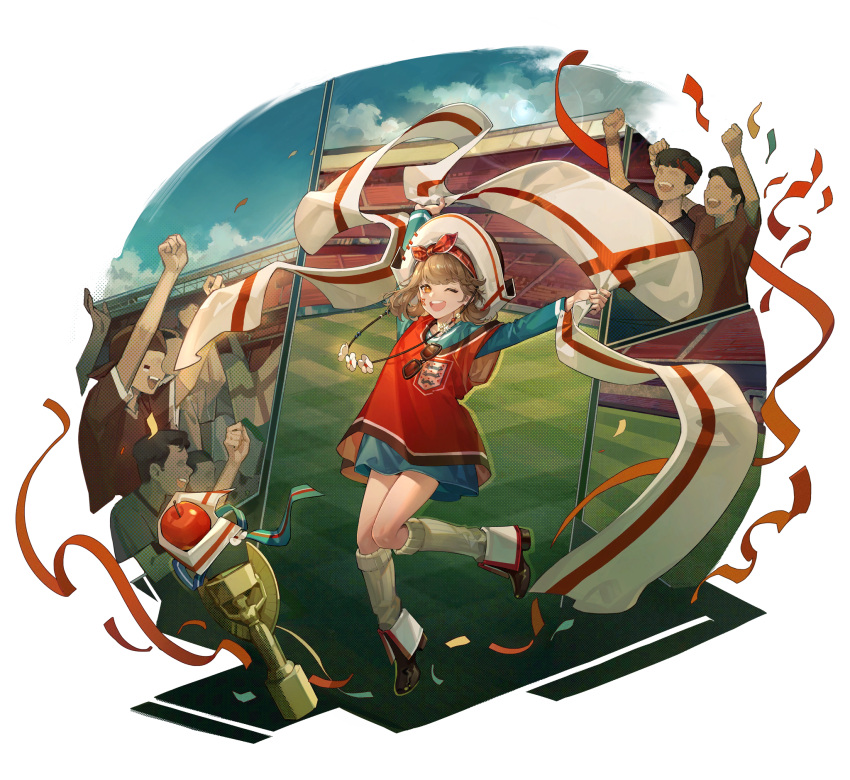 1girl 6+boys apple_(reverse:1999) arms_up blue_shirt bow brown_footwear brown_hair confetti flower flower_necklace hair_bow hat highres holding holding_clothes holding_scarf jumping lei long_hair long_sleeves multiple_boys official_art one_eye_closed open_mouth oversized_clothes red_bow red_vest regulus_(reverse:1999) reverse:1999 scarf shirt shoes smile socks stadium third-party_source trophy vest white_headwear white_scarf white_socks
