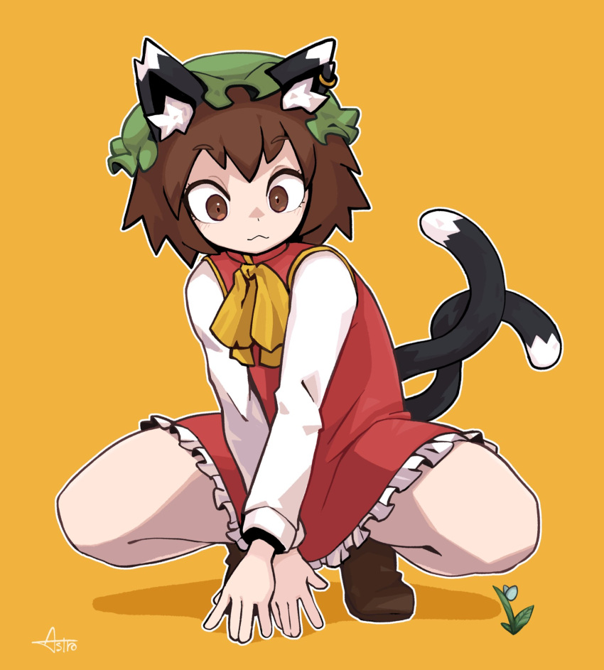 1girl :3 \||/ animal_ear_fluff animal_ears asutoro_(s--t) bow bowtie brown_eyes brown_hair cat_ears cat_tail chen closed_mouth commentary_request dress flat_chest frills full_body green_headwear hat highres mob_cap multiple_tails nekomata orange_background outline petite petticoat red_dress short_hair simple_background solo squatting tail touhou two_tails white_outline yellow_bow yellow_bowtie