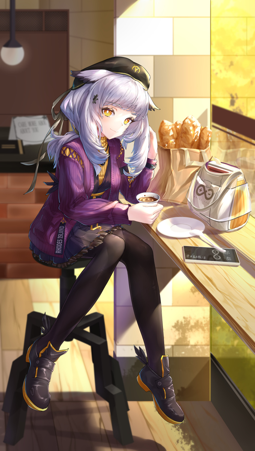 1girl absurdres animal_ears arknights armband bag baguette black_dress black_footwear black_headwear black_pantyhose bread cardigan clock_necklace coffee commentary_request cup dress english_commentary feather_hair food hair_ornament hat hat_ribbon highres holding holding_cup indoors infection_monitor_(arknights) jacket ji_bu_qing_ziji-bottle long_hair long_sleeves looking_at_viewer mixed-language_commentary official_alternate_costume open_clothes orange_eyes owl_girl pantyhose ponytail ptilopsis_(arknights) ptilopsis_(serenity)_(arknights) purple_cardigan purple_jacket rhine_lab_logo ribbon sitting solo stool sweater turtleneck white_hair