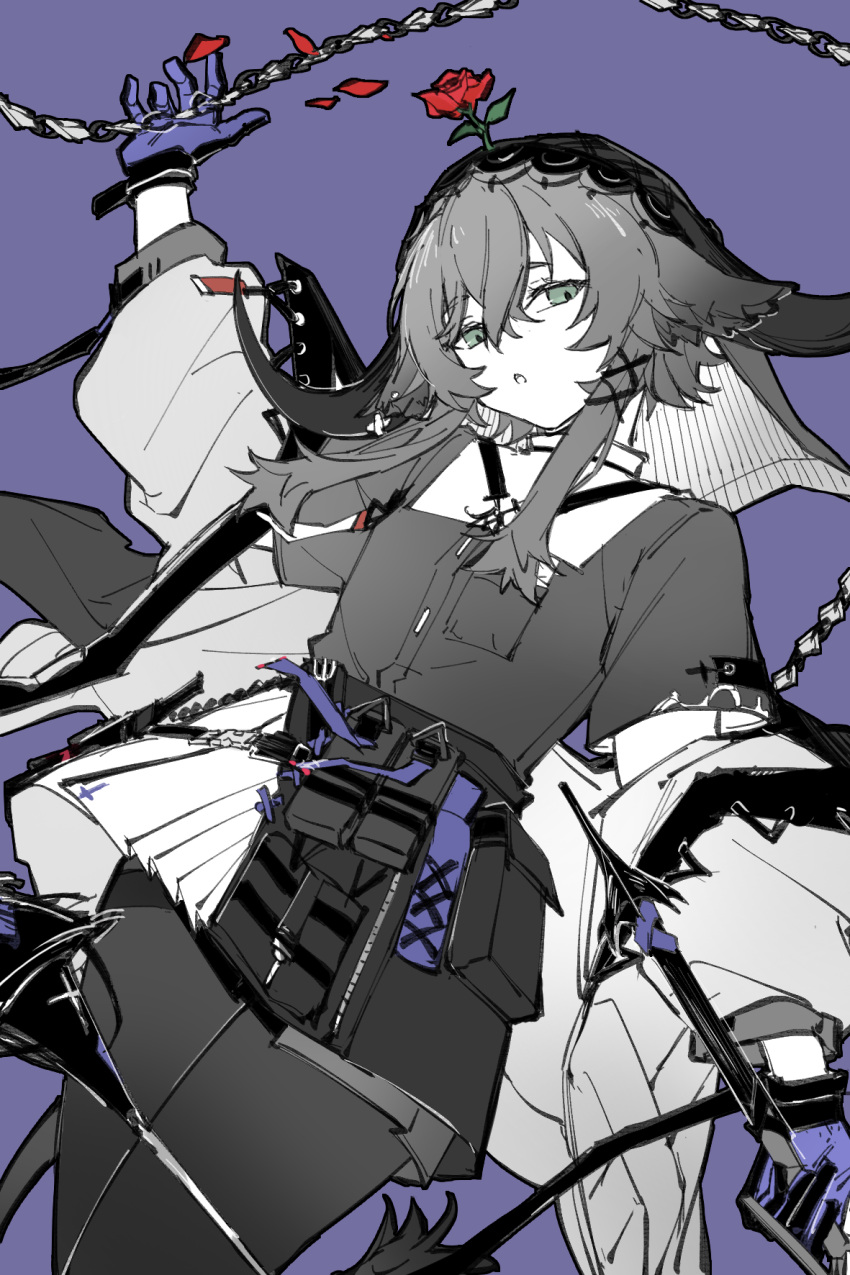 1girl :o animal_ears arknights arm_up chain chinese_commentary commentary_request cowboy_shot flower flower_on_head gloves green_eyes hair_between_eyes hair_ornament highres horns jacket long_sleeves looking_at_viewer off_shoulder pallas_(arknights) pantyhose parted_lips partially_colored petals piaoliu_ping_ping_ping_pingzi pouch purple_background purple_gloves red_flower red_rose rose rose_petals shirt simple_background skirt solo split_mouth standing tail x_hair_ornament