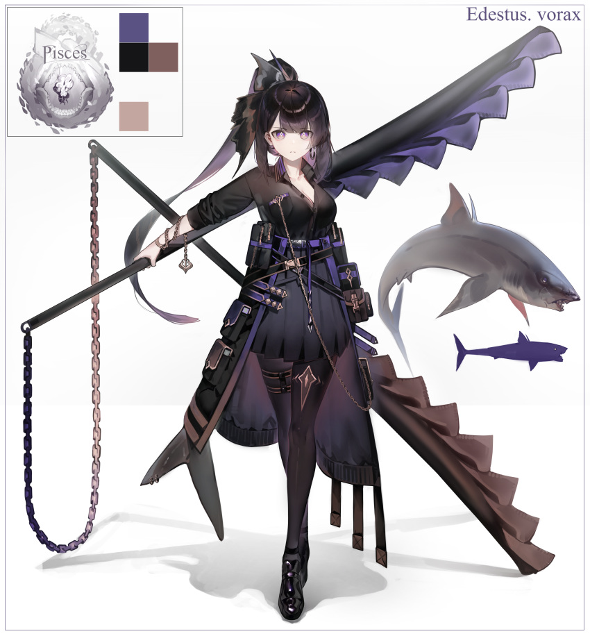 1girl absurdres black_hair black_pantyhose black_shirt black_skirt chain color_guide earrings fins fish fish_tail full_body helicoprion highres holding holding_sword holding_weapon huge_weapon jewelry long_hair original pantyhose ponytail prehistoric_animal ribiadan shark_girl shark_tail shirt skirt standing sword tail thigh_strap very_long_hair violet_eyes weapon