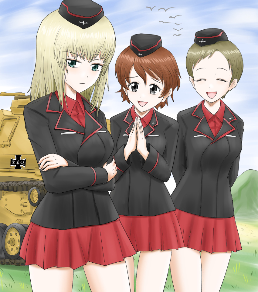 3girls akaboshi_koume arms_behind_back bird black_headwear black_jacket blue_eyes blue_sky brown_hair closed_eyes closed_mouth clouds cloudy_sky collared_shirt crossed_arms day dress_shirt emblem frown garrison_cap girls_und_panzer grass grey_hair harukai-i hat highres insignia itsumi_erika jacket kojima_emi kuromorimine_(emblem) kuromorimine_military_uniform lapels long_sleeves looking_at_another looking_at_viewer medium_hair military_hat military_uniform military_vehicle miniskirt motor_vehicle multiple_girls notched_lapels open_mouth outdoors own_hands_together pleated_skirt red_shirt red_skirt shirt short_hair skirt sky smile standing tank tiger_i uniform very_short_hair wavy_hair