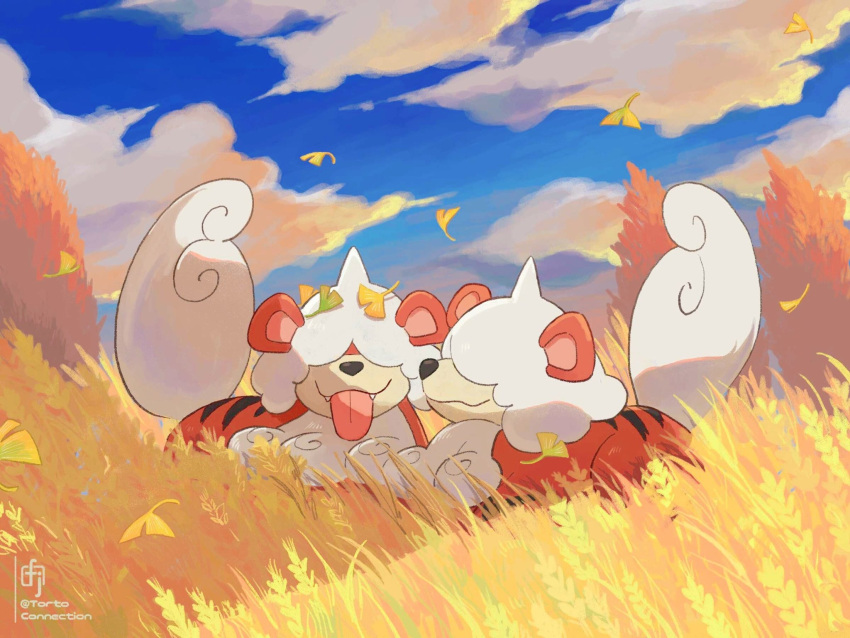 artist_name autumn blue_sky chikafuji closed_mouth clouds cloudy_sky commentary_request day falling_leaves fangs field ginkgo_leaf grass hair_over_eyes highres hisuian_growlithe leaf no_humans pokemon pokemon_(creature) sky smile tongue tongue_out tree twitter_username watermark
