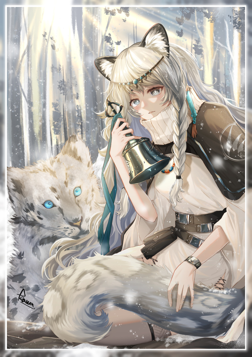 1girl absurdres animal animal_ears arknights bell blue_eyes blue_ribbon braid breasts bright_pupils cloak dress forest grey_hair grey_thighhighs hair_ornament highres holding holding_bell indoors jewelry kawausoman kjerag_logo leopard_ears leopard_girl leopard_tail long_hair long_sleeves nature necklace pramanix_(arknights) ribbon side_braids signature sitting small_breasts snow_leopard snowing solo sun sunlight sunrise tail thigh-highs tiara turtleneck watch watch white_dress white_hair white_pupils winter