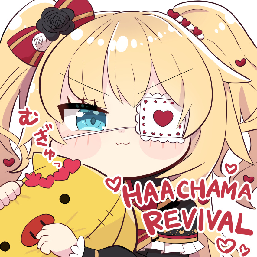 1girl akai_haato akai_haato_(5th_costume) black_dress blonde_hair blue_eyes blush bow dress eyepatch gothic_lolita haaton_(akai_haato) hair_bow hair_ornament heart heart_eyepatch heart_hair_ornament highres hololive lolita_fashion long_hair looking_at_viewer nabe_(nabe_otome) official_alternate_costume red_bow smile solo two_side_up virtual_youtuber