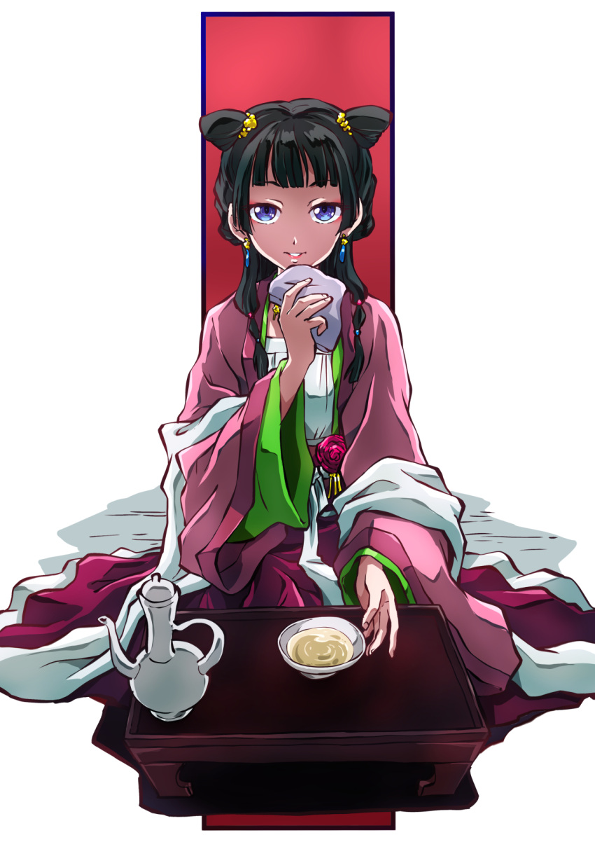 1girl beads black_hair blue_eyes bowl chinese_clothes coat double_bun earrings flat_chest flower food from_above full_body hair_beads hair_bun hair_ornament hair_over_shoulder half_updo hand_up hanfu highres holding_handkerchief jewelry kusuriya_no_hitorigoto layered_sleeves lipstick long_hair long_sleeves looking_at_viewer makeup maomao_(kusuriya_no_hitorigoto) multi-tied_hair outstretched_arm parted_lips pink_coat pink_flower pink_lips pink_skirt reaching reaching_towards_viewer sash seiza shawl sitting skirt smile solo soup table taiga_hiroyuki teapot white_background wide_sleeves