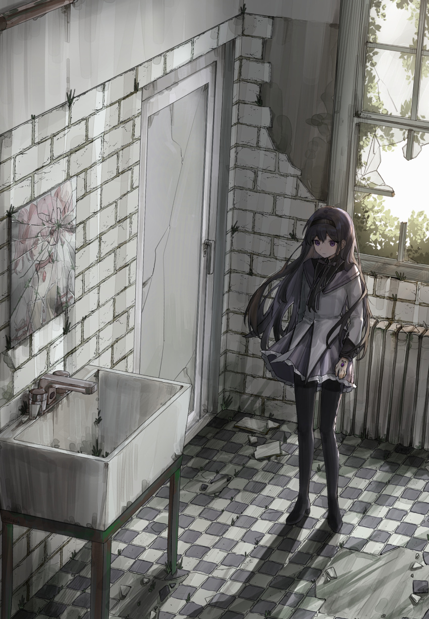 1girl akemi_homura bathroom black_footwear black_hair black_hairband boots brick_wall broken_mirror broken_window capelet chinese_commentary commentary_request crack day dilapidated door expressionless from_above hairband highres indoors jacket kaname_madoka long_hair mahou_shoujo_madoka_magica mahou_shoujo_madoka_magica_(anime) mirror mogou_(me054567) neck_ribbon overgrown purple_capelet purple_skirt radiator ribbon sink skirt solo standing thigh_boots tile_floor tiles violet_eyes white_jacket wide_shot window
