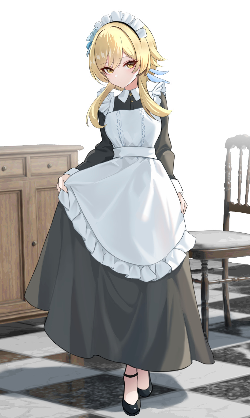 1girl absurdres alternate_costume apron black_footwear blonde_hair chair checkered_floor closed_mouth cupboard dot_mouth enmaided ewaaawa feather_hair_ornament feathers flower frilled_apron frills full_body genshin_impact hair_flower hair_ornament high_heels highres looking_at_viewer lumine_(genshin_impact) maid maid_apron maid_headdress short_hair_with_long_locks skirt_hold solo standing tile_floor tiles white_apron white_background wooden_chair wrist_cuffs yellow_eyes