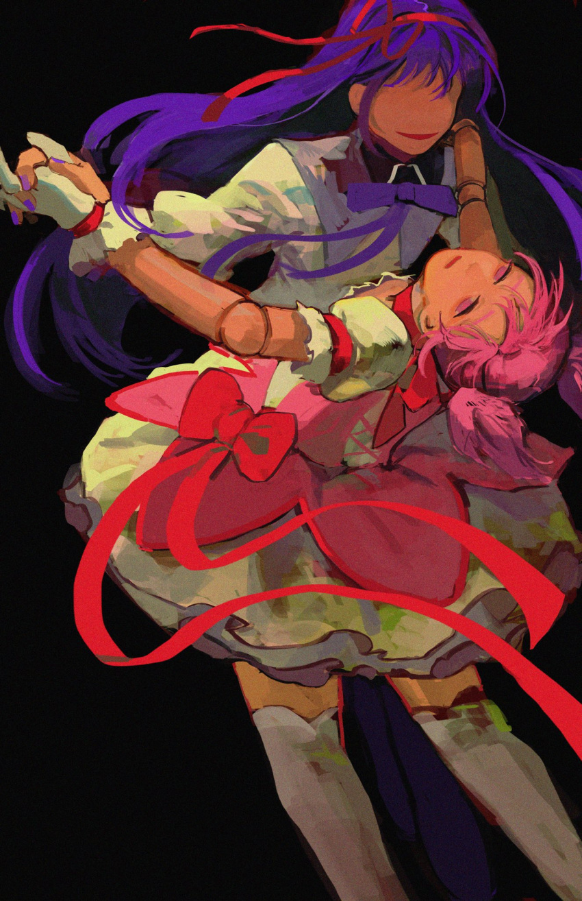 2girls akemi_homura black_background bow bowtie dancing dress dress_bow dummy faceless gloves hair_ribbon hand_on_another's_shoulder highres holding_hands kaname_madoka long_hair mahou_shoujo_madoka_magica multiple_girls open_mouth pink_dress pink_eyes pink_hair purple_bow purple_bowtie purple_hair red_ribbon ribbon short_twintails simple_background thigh-highs twintails white_gloves white_thighhighs wintrchu