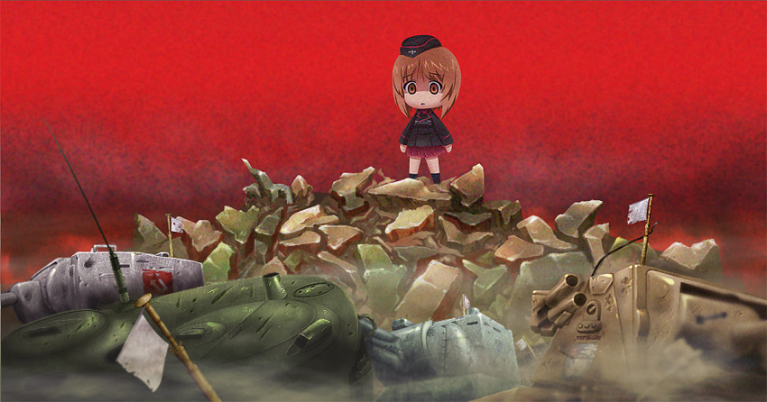 1girl black_hat black_jacket brown_eyes brown_hair bt-42 chinpui_(chinpui02) churchill_(tank) commentary_request cross debris emblem flag garrison_cap girls_und_panzer gradient_background hat iron_cross jacket keizoku_(emblem) kuromorimine_military_uniform kv-2 matilda_(tank) military military_hat military_jacket military_uniform military_vehicle miniskirt motor_vehicle nishizumi_miho pleated_skirt pravda_(emblem) red_background red_shirt red_skirt shirt skirt solo st._gloriana's_(emblem) standing tank white_flag