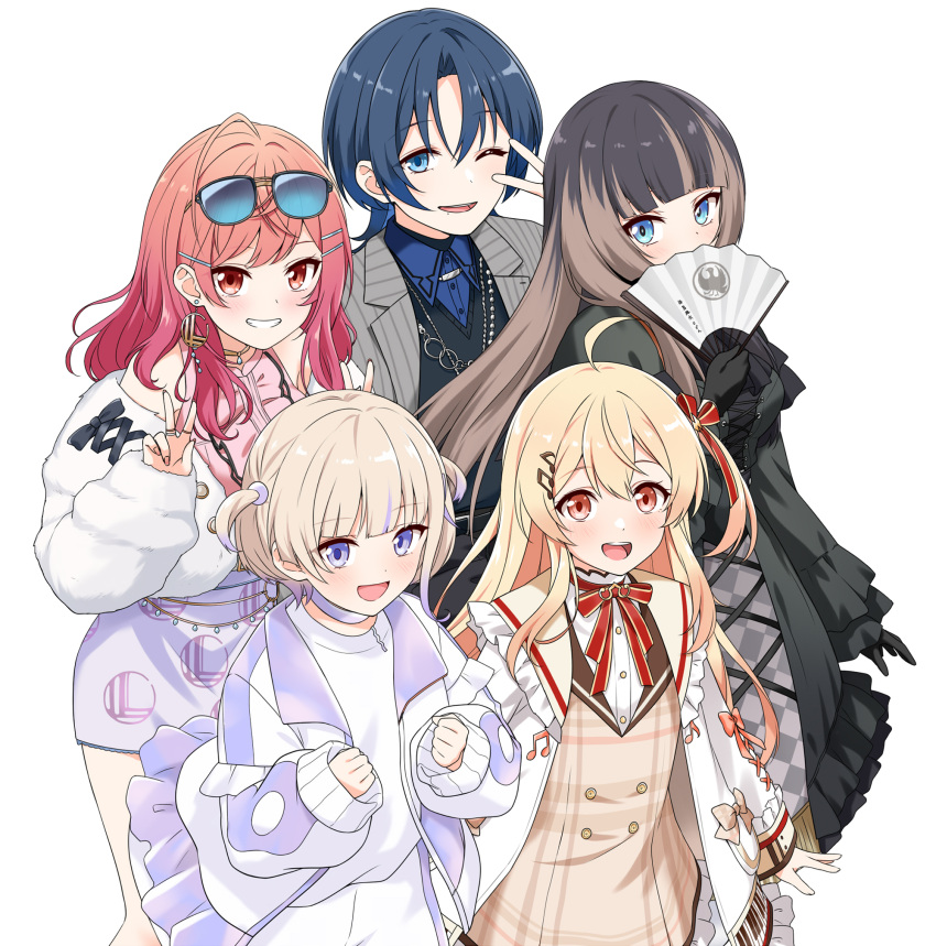 5girls ahoge androgynous bare_shoulders black_dress black_footwear black_gloves black_hair blonde_hair blue_eyes blue_hair blue_shirt blunt_bangs blush bow brown_dress brown_hair brown_sailor_collar center_frills chain_necklace checkered_clothes checkered_dress choker clenched_hands collared_jacket commentary covering_mouth cross-laced_clothes cross-laced_dress cross-laced_jacket double_w dress earrings eyewear_on_head fan_to_mouth felutiahime frilled_dress frills full_body fur-trimmed_jacket fur_trim gloves gradient_hair grey_jacket grin hair_between_eyes hair_ornament hairclip hand_fan hands_up highres hime_cut hiodoshi_ao holding holding_fan hololive hololive_dev_is ichijou_ririka iridescent jacket jewelry juufuutei_raden light_blush lolita_fashion long_hair long_sleeves looking_at_viewer medium_hair miniskirt mole mole_under_mouth multicolored_clothes multicolored_dress multicolored_hair multiple_girls musical_note musical_note_hair_ornament neck_ribbon necklace off_shoulder one_eye_closed one_side_up open_clothes open_jacket open_mouth otonose_kanade pants parted_bangs pink_hair pink_shirt plaid plaid_dress puffy_long_sleeves puffy_sleeves purple_hair purple_skirt red_eyes red_ribbon redhead regloss_(hololive) reverse_trap ribbon sailor_collar shirt shirt_tucked_in shoes short_hair short_twintails shorts simple_background skirt sleeveless sleeveless_shirt sleeves_past_wrists smile solo standing streaked_hair striped striped_jacket sunglasses thigh-highs thighs todoroki_hajime twintails two-tone_hair two_side_up upper_body v v_over_eye vertical-striped_jacket vertical_stripes violet_eyes virtual_youtuber w white_background white_footwear white_jacket white_shirt