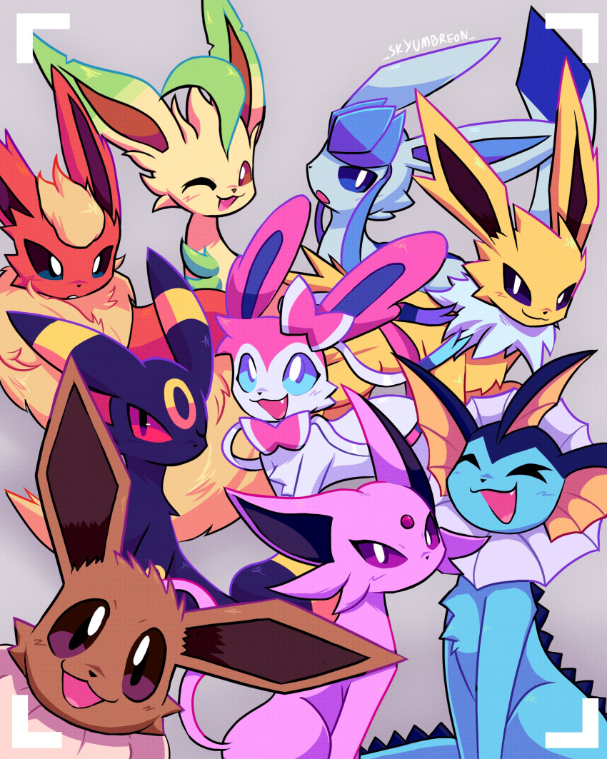 absurdres black_eyes blue_eyes blush bright_pupils brown_eyes colored_sclera eevee espeon fang flareon glaceon happy highres jolteon leafeon looking_at_viewer mixed-language_commentary no_humans one_eye_closed open_mouth pokemon pokemon_(creature) pokemon_focus red_sclera simple_background sitting skyumbreon smile sylveon umbreon vaporeon white_pupils