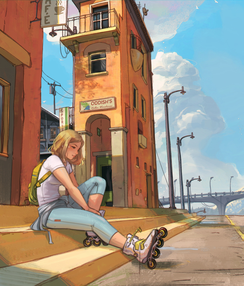 1girl absurdres adjusting_footwear backpack bag blonde_hair blue_pants bridge building city cityscape clouds cloudy_sky day denim from_side highres holding holding_bag knee_up kondroel original outdoors pants roller_skates shirt sitting skates sky solo stairs summer utility_pole white_shirt wire yellow_bag