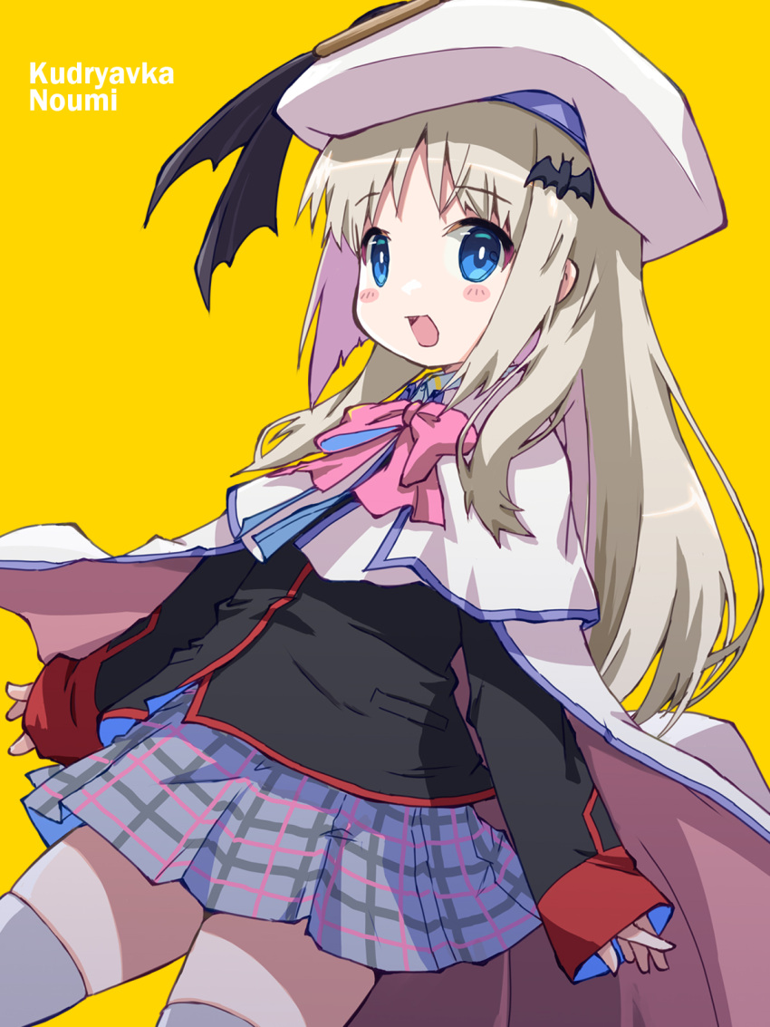 1girl akayama_yukihe bat_hair_ornament black_ribbon black_shirt blonde_hair blue_eyes blue_skirt blue_trim blush_stickers bow bowtie cape capelet character_name collared_capelet commentary_request hair_ornament hat hat_ribbon highres little_busters! little_busters!_school_uniform long_hair long_sleeves looking_at_viewer miniskirt noumi_kudryavka open_mouth pink_bow pink_bowtie plaid plaid_skirt pleated_skirt ribbon school_uniform shirt sidelocks skirt sleeves_past_wrists smile solo thigh-highs white_cape white_capelet white_headwear white_thighhighs yellow_background zettai_ryouiki