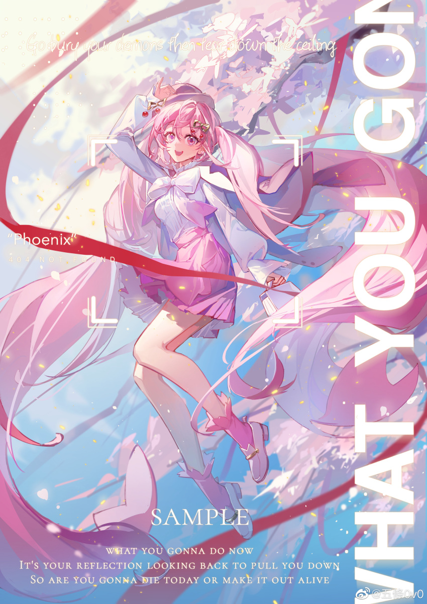 1girl absurdres arm_up bowler_hat cherry_hair_ornament floating food-themed_hair_ornament full_body hair_ornament hat hatsune_miku highres long_hair long_sleeves open_mouth pink_eyes pink_hair pink_skirt pink_socks puffy_long_sleeves puffy_sleeves sakura_miku sakura_miku_(rella) shirt shoes skirt smile socks solo twintails very_long_hair vocaloid white_footwear white_headwear white_shirt wutiao