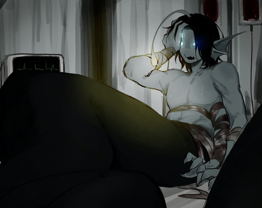 1boy ang1079577 anglerfish_boy bandaged_arm bandaged_torso bandages black_hair blood blood_bag blood_drip blood_on_bandages blue_eyes blue_skin cardiogram claws colored_skin curtains extra_arms extra_eyes fang fins glowing glowing_eyes hand_on_own_head hashtag-only_commentary head_fins highres illicium indoors intravenous_drip male_focus merman monster_boy pressure_(roblox) sebastian_solace short_hair sitting skin_fang