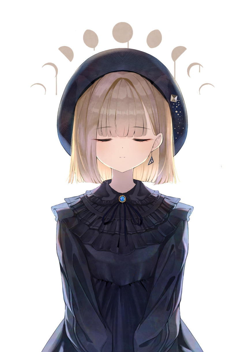 1girl beret blonde_hair blunt_ends brooch closed_eyes dress earrings facing_viewer frilled_shirt_collar frills hat highres jewelry long_sleeves moon_phases original short_hair solo ttea_arts01 upper_body