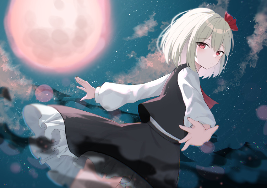 1girl absurdres anima_miko black_skirt black_vest blonde_hair frills highres long_sleeves moon night outstretched_arms red_eyes rumia skirt solo touhou vest white_sleeves