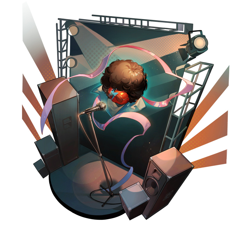 afro amplifier apple apple_(reverse:1999) brown_hair cosplay david_bowie david_bowie_(cosplay) floating food fruit highres lightning_bolt_symbol microphone_stand no_humans official_art reverse:1999 scaffolding spotlight stage stage_lights third-party_source