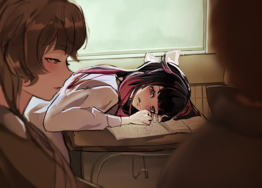 1other 2girls black_hair brown_hair cherumimi classroom closed_mouth columbina_(genshin_impact) commentary contemporary desk english_commentary genshin_impact heart highres holding holding_pencil indoors looking_at_another multiple_girls notebook pencil pink_streaks sandrone_(genshin_impact) school_desk shirt unusually_open_eyes violet_eyes white_shirt yuri