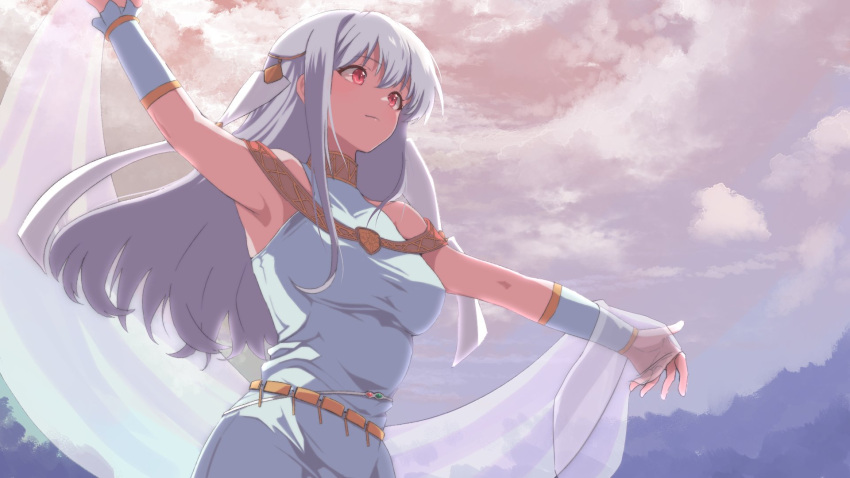 1girl ahonoko armpits belt blue_dress breasts closed_mouth clouds cloudy_sky commentary cowboy_shot day dress fire_emblem fire_emblem:_the_blazing_blade from_below from_side grey_hair grey_sky highres holding_sash jewelry long_hair medium_breasts neck_ring ninian_(fire_emblem) outdoors outstretched_arms red_eyes sash sky sleeveless sleeveless_dress smile solo standing straight_hair vambraces veil white_sash white_veil yellow_belt