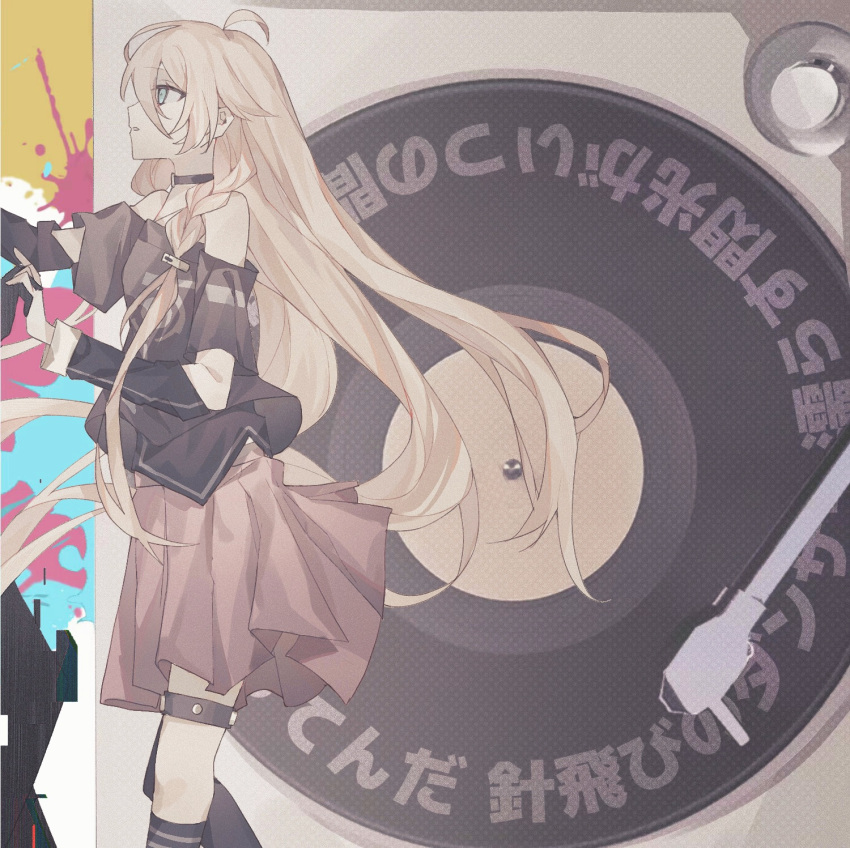 1girl 1other asymmetrical_legwear bare_shoulders black_collar black_shirt black_socks blue_eyes collar commentary_request dancing detached_sleeves floating_hair from_side glitch grey_hair hair_between_eyes hair_over_shoulder highres holding_hands ia_(vocaloid) interlocked_fingers kneehighs layered_sleeves long_hair long_sleeves looking_at_another lyrics nounai_disco_(vocaloid) off-shoulder_shirt off_shoulder out_of_frame pink_skirt pleated_skirt profile record shirt short_over_long_sleeves short_sleeves single_kneehigh single_sock skirt slpb_zz socks solo_focus splatter_background thigh_strap turntable uneven_legwear very_long_hair vocaloid