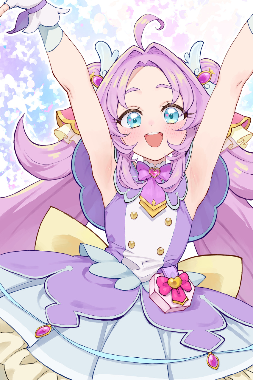 1girl absurdres ahoge akechi_anna armpits arms_up blue_eyes blush bow brooch commentary_request cure_answer dot_nose double_bun dress fingerless_gloves gloves hair_bun hair_intakes hair_ornament heart heart_brooch heart_in_eye highres jewelry long_hair looking_at_viewer magical_girl meitantei_precure! nagisa_(omiwatari_no_ya) open_mouth pouch precure purple_bow purple_dress purple_gloves purple_hair purple_theme shiny_skin smile solo symbol_in_eye very_long_hair white_gloves