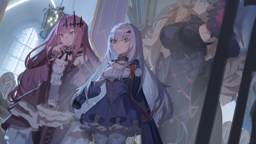 3girls baobhan_sith_(fate) baobhan_sith_(first_ascension)_(fate) barghest_(fate) barghest_(second_ascension)_(fate) black_bow black_bowtie black_dress blonde_hair blue_dress bow bowtie brown_eyes dress fate/grand_order fate_(series) green_eyes hand_on_own_hip highres indoors knight melusine_(fate) melusine_(second_ascension)_(fate) multiple_girls newflame pink_hair pink_nails pointy_ears sideways_glance sleeveless sleeveless_dress standing thigh-highs white_hair white_thighhighs window