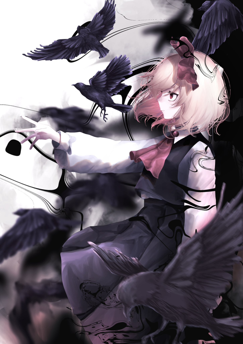 1girl ascot bird black_skirt black_vest blonde_hair crow highres long_sleeves puffy_sleeves red_ascot red_eyes rumia skirt solo t_terano touhou vest